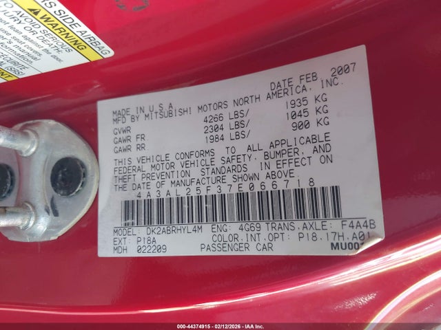 Продаж на аукціоні авто 2007 Mitsubishi Eclipse Spyder Gs, vin: 4A3AL25F37E066718, номер лоту: 44374915