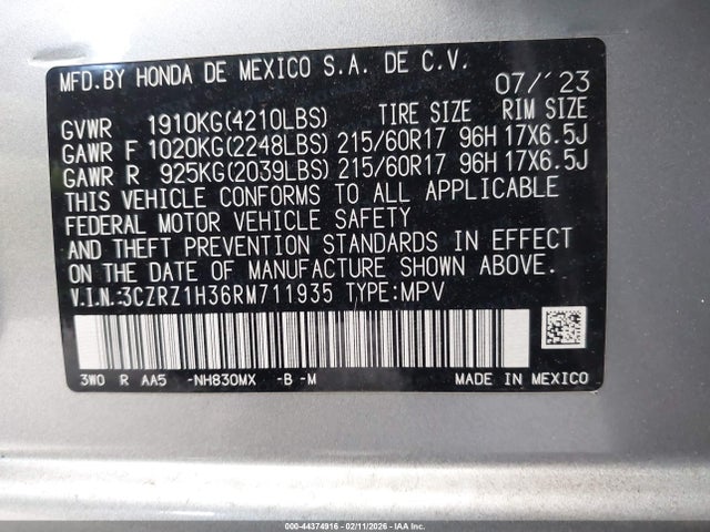 Aukcja sprzedaży 2024 Honda Hr-v 2wd Lx, vin: 3CZRZ1H36RM711935, numer aukcji: 44374916