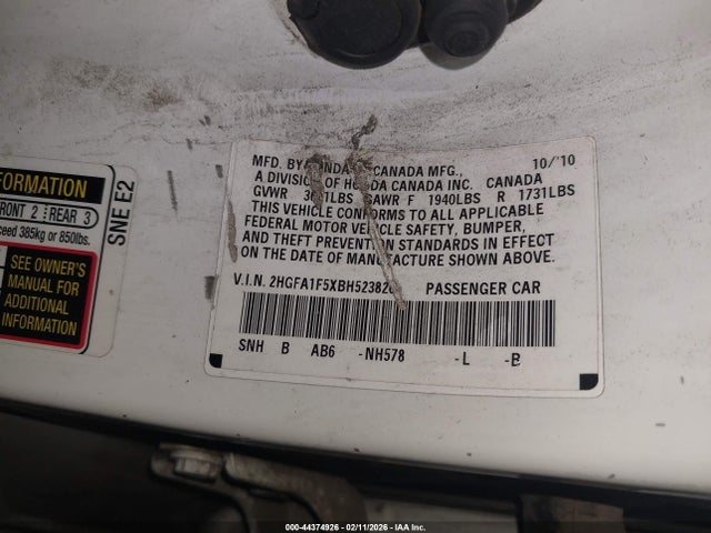 44374926 :رقم المزاد ، 2HGFA1F5XBH523820 vin ، 2011 Honda Civic Lx مزاد بيع