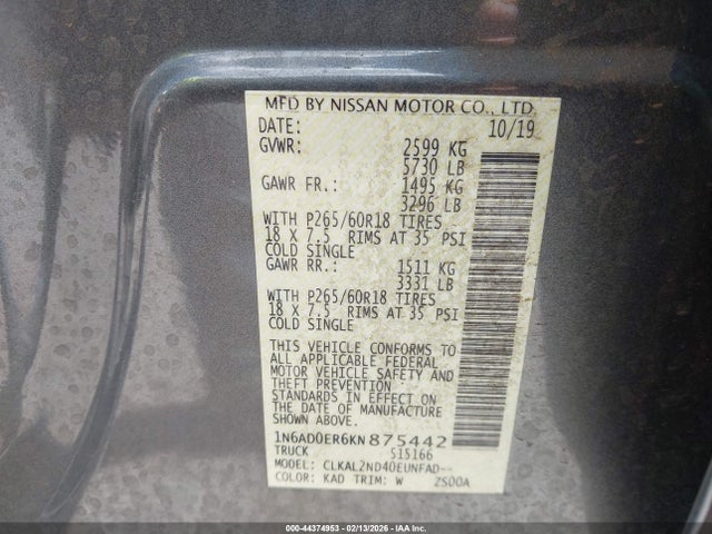 1N6AD0ER6KN875442 Nissan Frontier Sv