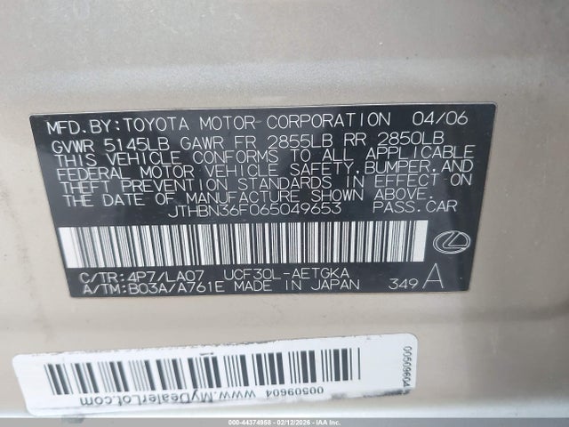 Продажа на аукционе авто 2006 Lexus Ls 430, vin: JTHBN36F065049653, номер лота: 44374958
