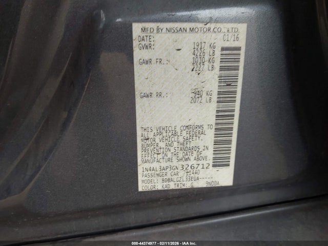 Aukcja sprzedaży 2016 Nissan Altima 2.5/2.5 S/2.5 Sl/2.5 Sr/2.5 Sv, vin: 1N4AL3AP3GN326712, numer aukcji: 44374977