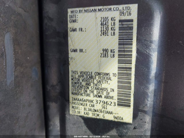 1N4AA6APXHC379623 Nissan Maxima 3.5 Platinum/3.5 S/3.5 Sl/3.5 Sr/3.5 Sv