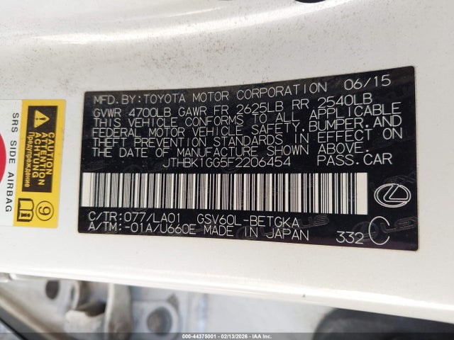 JTHBK1GG5F2206454 Lexus ES 350