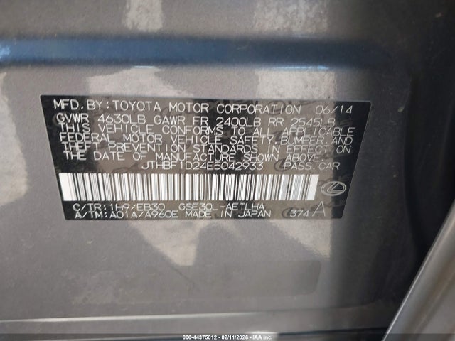 Aukcja sprzedaży 2014 Lexus Is 250, vin: JTHBF1D24E5042933, numer aukcji: 44375012