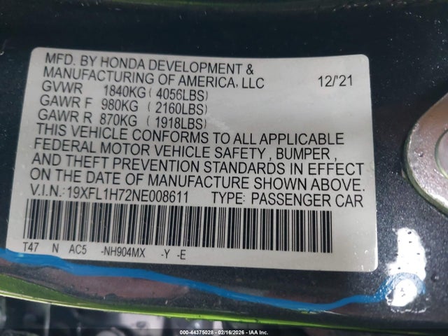 19XFL1H72NE008611 Honda Civic Ex-l