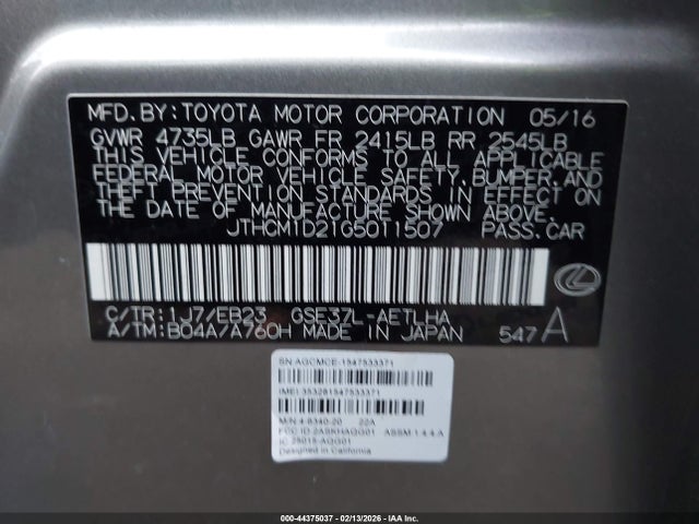 Aukcja sprzedaży 2016 Lexus Is 300, vin: JTHCM1D21G5011507, numer aukcji: 44375037