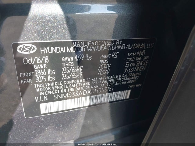 5NMS33ADXKH053181 Hyundai Santa Fe Sel