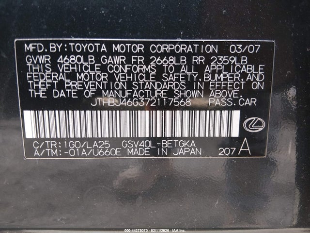 Aukcja sprzedaży 2007 Lexus Es 350, vin: JTHBJ46G372117568, numer aukcji: 44375070
