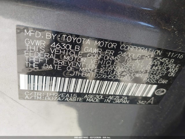 Aukcja sprzedaży 2017 Lexus Is 200t, vin: JTHBA1D2XH5041837, numer aukcji: 44375082
