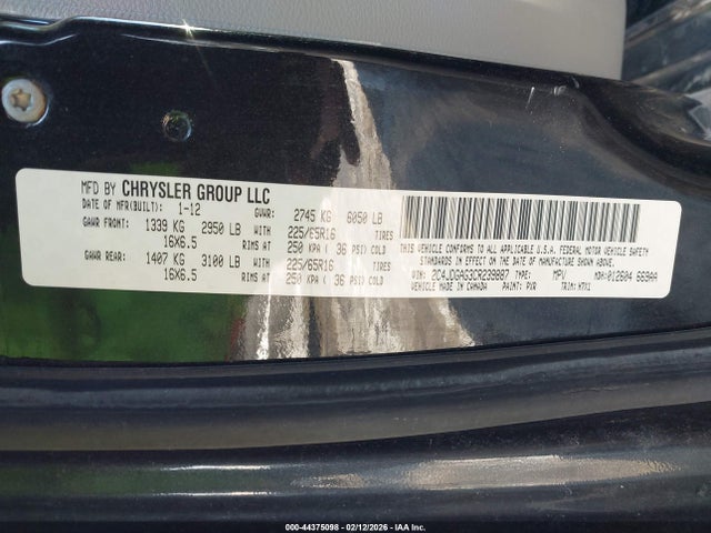 Auction sale of the 2012 Ram Cargo C/v, vin: 2C4JDGAG3CR239887, lot number: 44375098