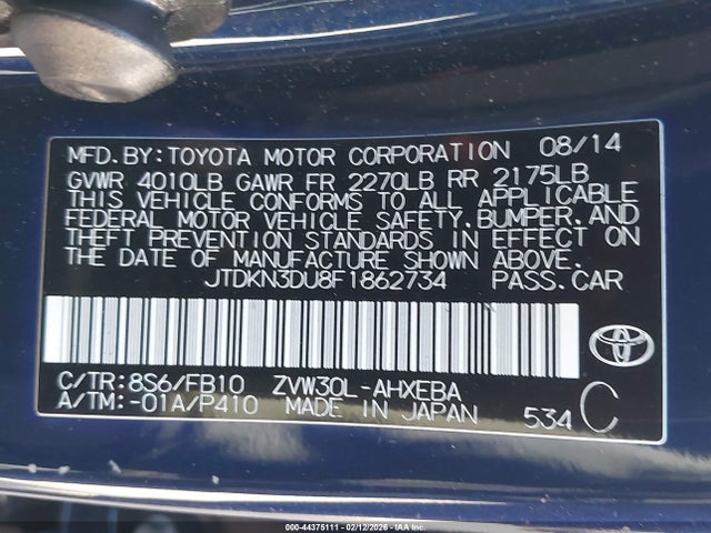 JTDKN3DU8F1862734 Toyota Prius Two