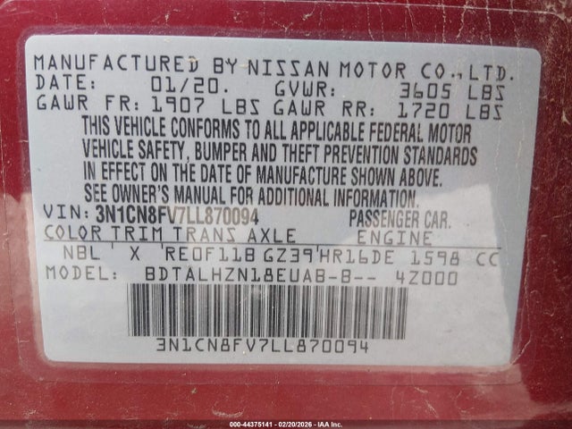 Nissan Versa Sr Xtronic Cvt 2020 3N1CN8FV7LL870094 Image 9