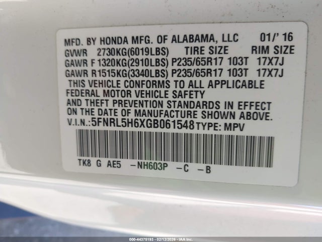 5FNRL5H6XGB061548 Honda Odyssey Ex-l