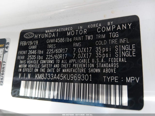 KM8J33A45KU969301 Hyundai Tucson Value