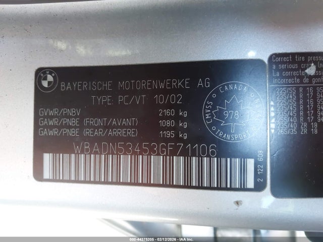 44375205 :رقم المزاد ، WBADN53453GF71106 vin ، 2003 Bmw 540i مزاد بيع