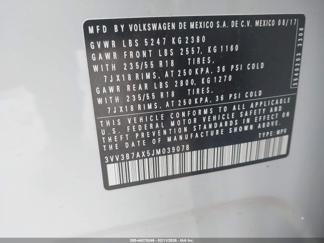 44375246 :رقم المزاد ، 3VV3B7AX5JM039078 vin ، 2018 Volkswagen Tiguan 2.0t Se/2.0t Sel مزاد بيع