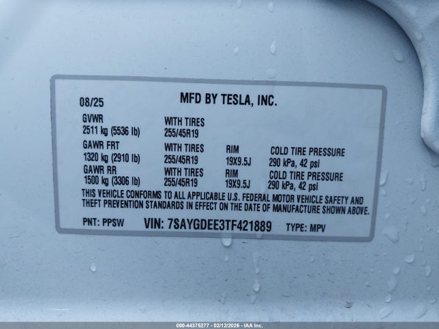 Aukcja sprzedaży 2026 Tesla Model Y Long Range Launch Series/premium All-wheel Drive, vin: 7SAYGDEE3TF421889, numer aukcji: 44375277