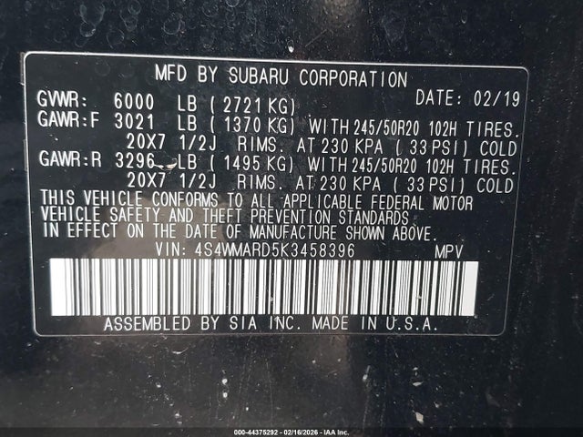 4S4WMARD5K3458396 Subaru Ascent Touring