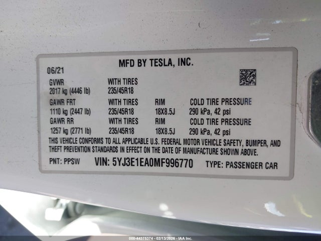 2021 TESLA MODEL 3 5YJ3E1EA0MF996770 Photo 8