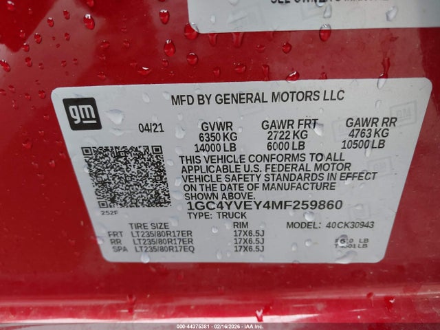 1GC4YVEY4MF259860 Chevrolet Silverado 3500hd 4wd Long Bed High Country