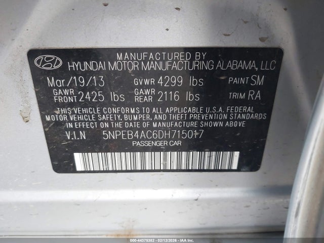 2013 Hyundai Sonata Gls მანქანა იყიდება აუქციონზე, vin: 5NPEB4AC6DH715017, აუქციონის ნომერი: 44375382