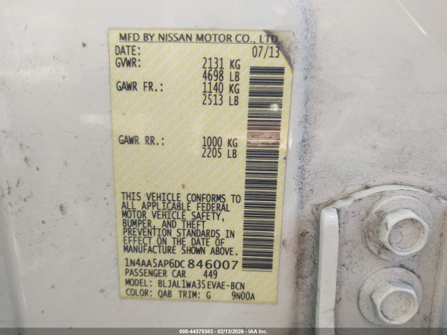 Aukcja sprzedaży 2013 Nissan Maxima 3.5 Sv, vin: 1N4AA5AP6DC846007, numer aukcji: 44375383