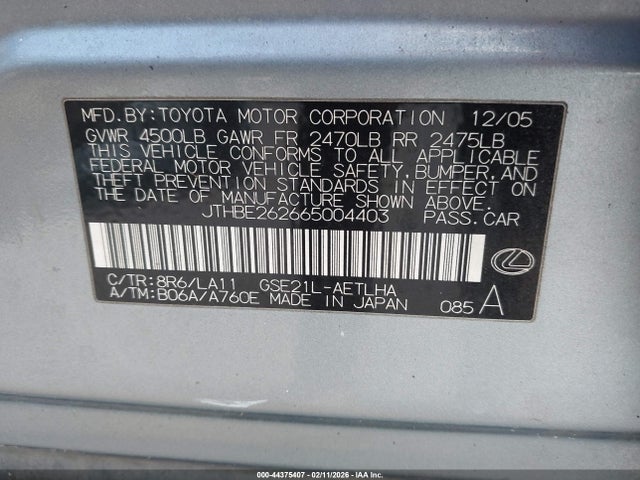 Aukcja sprzedaży 2006 Lexus Is 350, vin: JTHBE262665004403, numer aukcji: 44375407