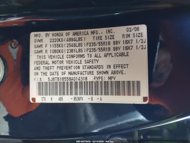 2008 Acura Rdx მანქანა იყიდება აუქციონზე, vin: 5J8TB18558A014318, აუქციონის ნომერი: 44375435