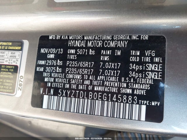 2014 Hyundai Santa Fe Sport 2.4l მანქანა იყიდება აუქციონზე, vin: 5XYZTDLB0EG145883, აუქციონის ნომერი: 44375436