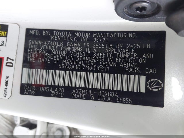44375442 :رقم المزاد ، 58ACA1C17MU010211 vin ، 2021 Lexus Es 300h مزاد بيع