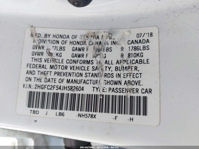 2HGFC2F54JH582604 Honda Civic Lx