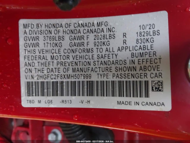 2HGFC2F8XMH507999 Honda Civic Sport