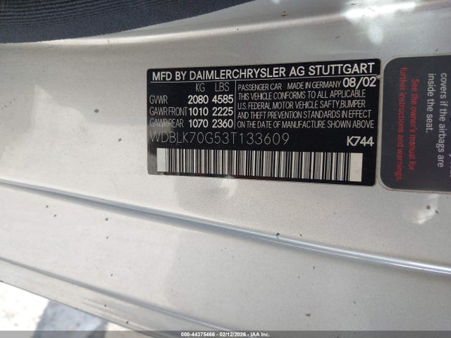 Продажа на аукционе авто 2003 Mercedes-benz Clk 430, vin: WDBLK70G53T133609, номер лота: 44375466