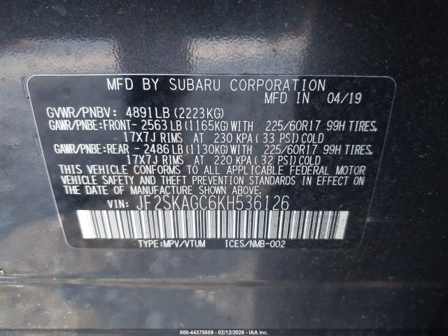 Subaru Forester Premium 2019 JF2SKAGC6KH536126 Image 9