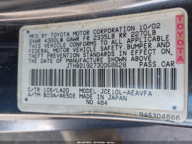 Aukcja sprzedaży 2003 Lexus Is 300, vin: JTHBD192730068628, numer aukcji: 44375510
