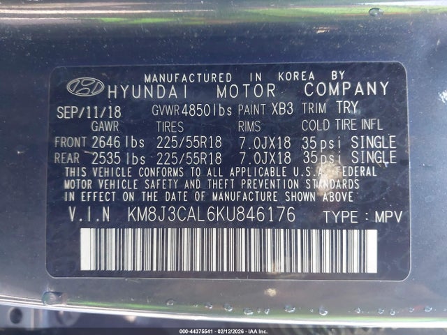 KM8J3CAL6KU846176 Hyundai TUCSON SEL