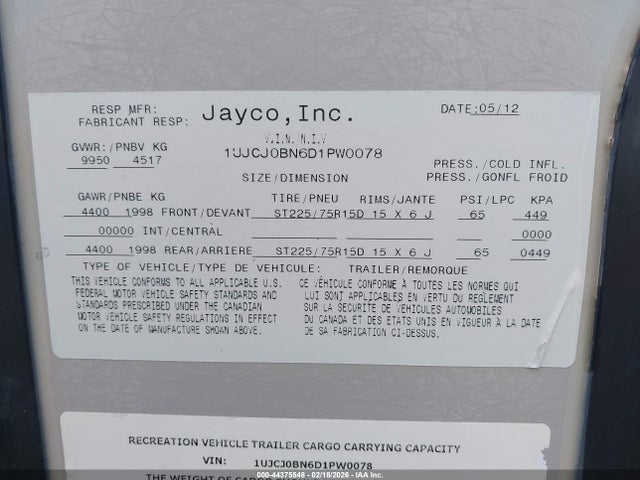 44375548 :رقم المزاد ، 1UJCJ0BN6D1PW0078 vin ، 2013 Jayco Eagle Ht M-26.5 مزاد بيع