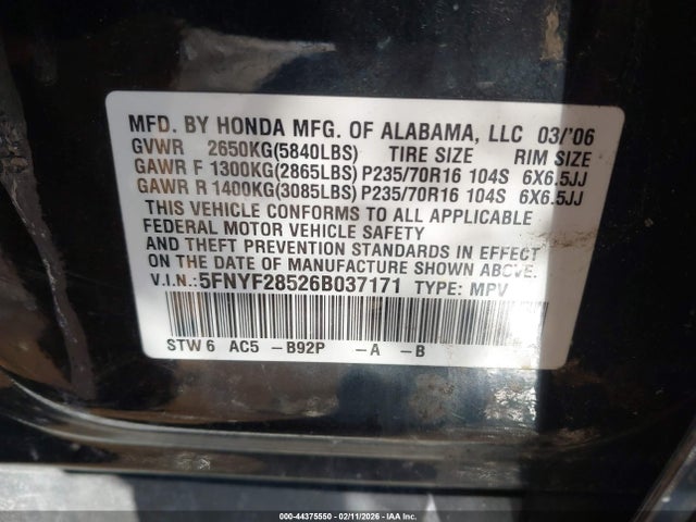 2006 HONDA PILOT 5FNYF28526B037171 Photo 8