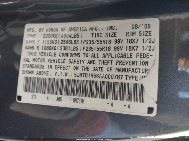 44375616 :رقم المزاد ، 5J8TB1H56AA000787 vin ، 2010 Acura Rdx مزاد بيع