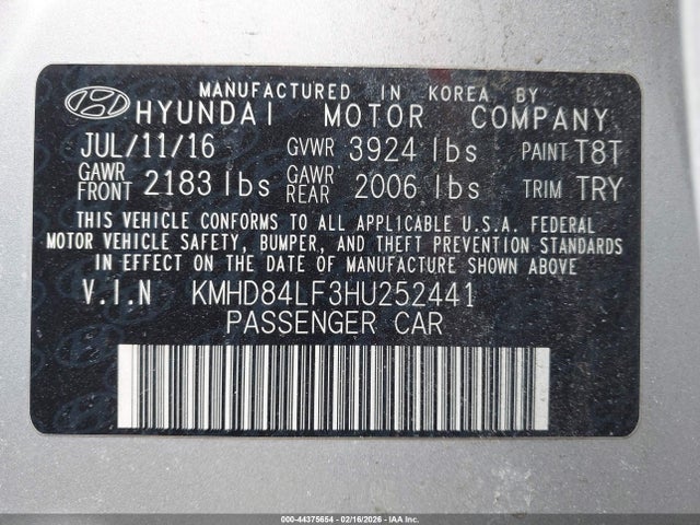 KMHD84LF3HU252441 Hyundai Elantra Value Edition