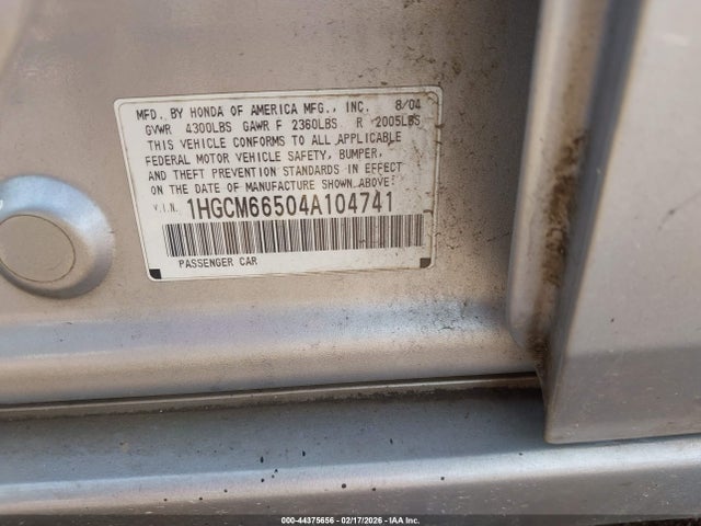2004 Honda Accord 3.0 Ex მანქანა იყიდება აუქციონზე, vin: 1HGCM66504A104741, აუქციონის ნომერი: 44375656