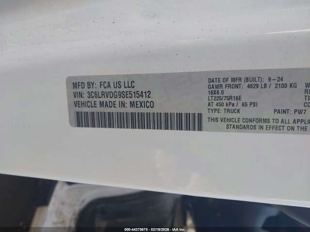 2025 Ram Promaster 2500 Tradesman High Roof 159 Wb W/pass Seat მანქანა იყიდება აუქციონზე, vin: 3C6LRVDG9SE515412, აუქციონის ნომერი: 44375675