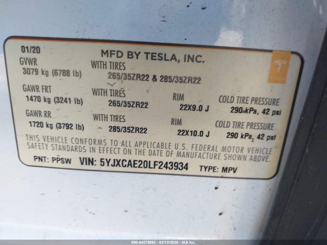 Aukcja sprzedaży 2020 Tesla Model X Long Range Dual Motor All-wheel Drive/long Range Plus Dual Motor All-wheel Drive, vin: 5YJXCAE20LF243934, numer aukcji: 44375692