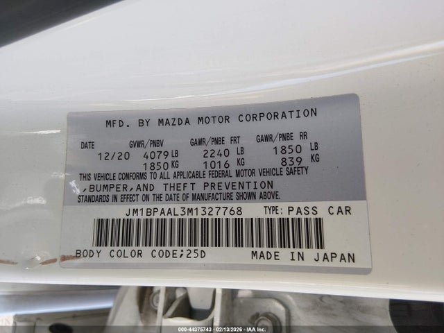 JM1BPAAL3M1327768 Mazda Mazda3 2.5 S