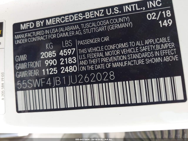 44375806 :رقم المزاد ، 55SWF4JB1JU262028 vin ، 2018 Mercedes-benz C 300 مزاد بيع