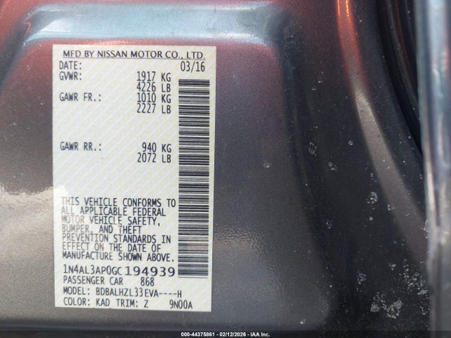 1N4AL3AP0GC194939 Nissan Altima 2.5 Sr