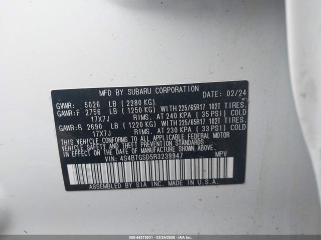 2024 Subaru Outback Wilderness მანქანა იყიდება აუქციონზე, vin: 4S4BTGSD5R3239947, აუქციონის ნომერი: 44375931