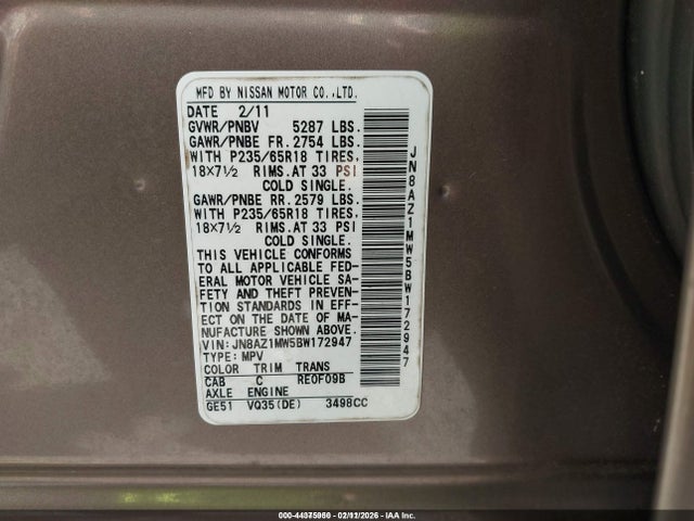 Продаж на аукціоні авто 2011 Nissan Murano Sl, vin: JN8AZ1MW5BW172947, номер лоту: 44375950