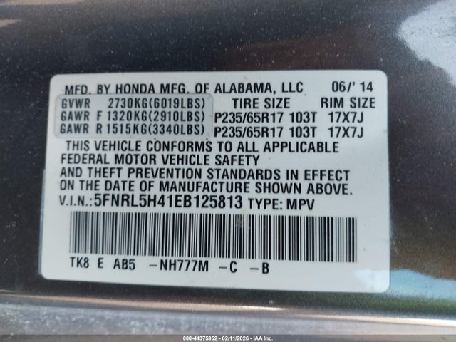 Продаж на аукціоні авто 2014 Honda Odyssey Ex, vin: 5FNRL5H41EB125813, номер лоту: 44375952